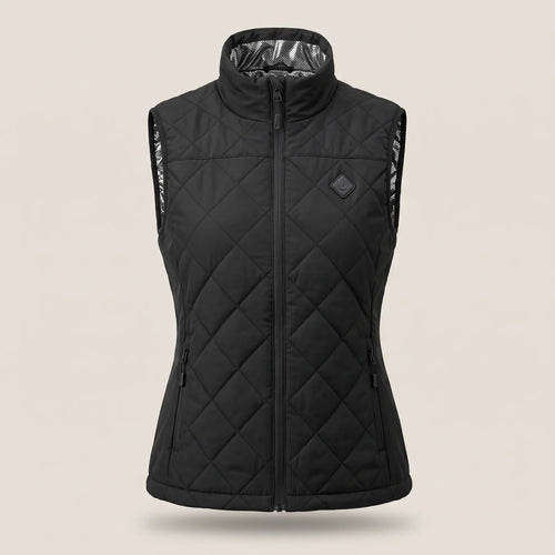 Women's heated vest in Black, front view with stand-up collar and diamond quilting