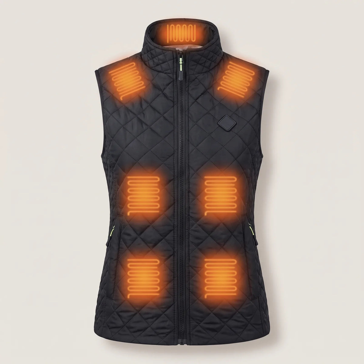 Heated vest from the front: seven heating zones in the collar, on the shoulders, at the sides and above the pockets