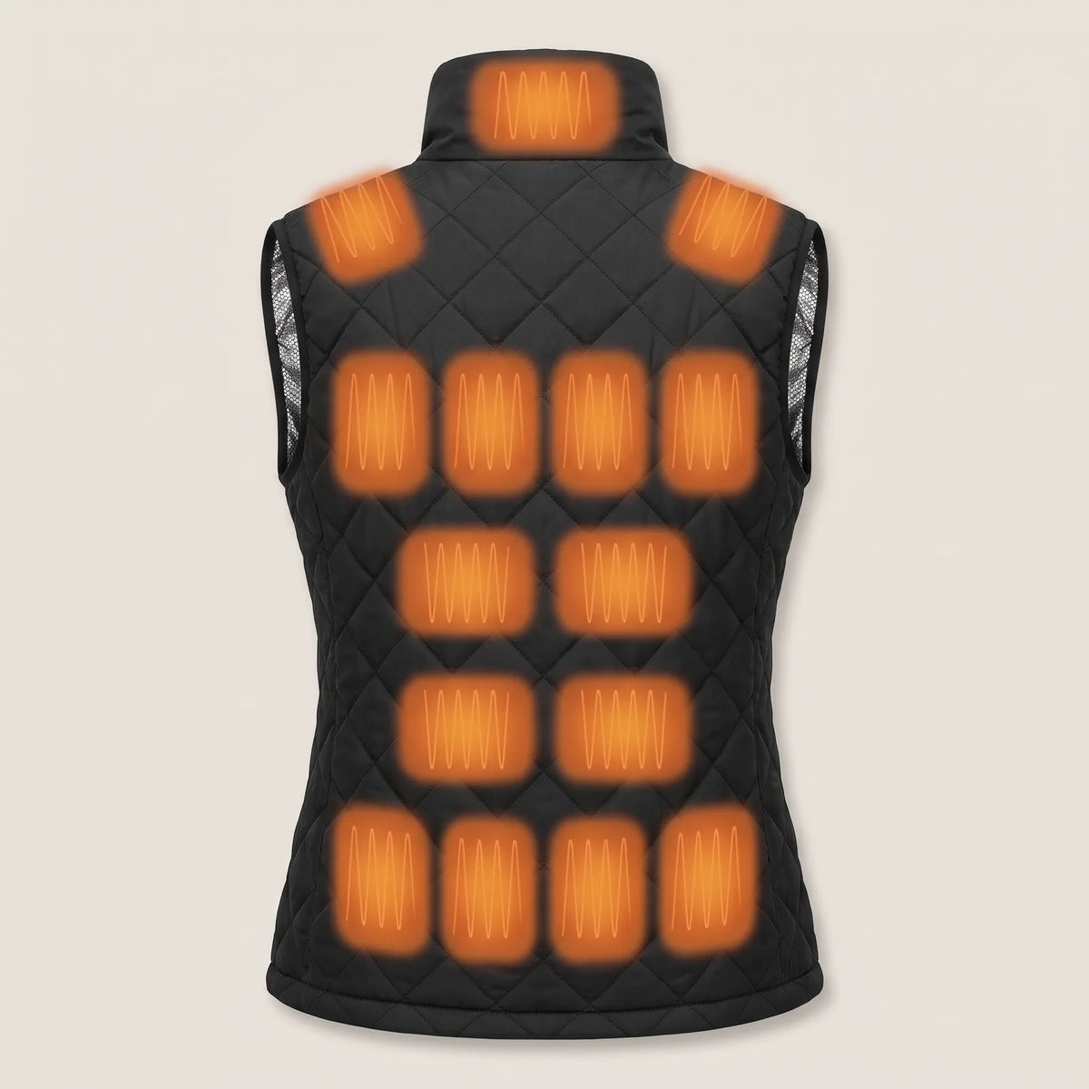 Heated vest from the back: fourteen heating zones across the whole back, plus the zone in the collar