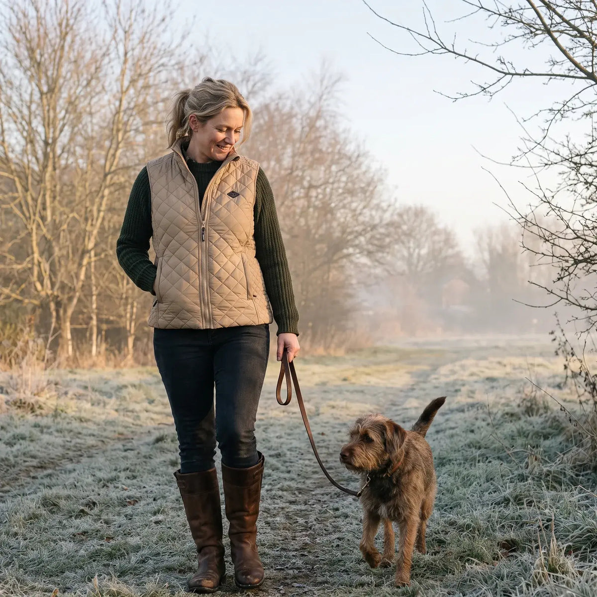 Woman walking her dog on a frosty field path in the sand heated vest