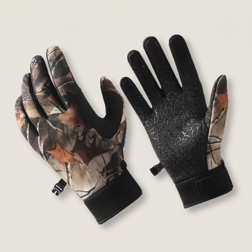 BergHeat Nimble cycling gloves in Timber, brown leaf pattern