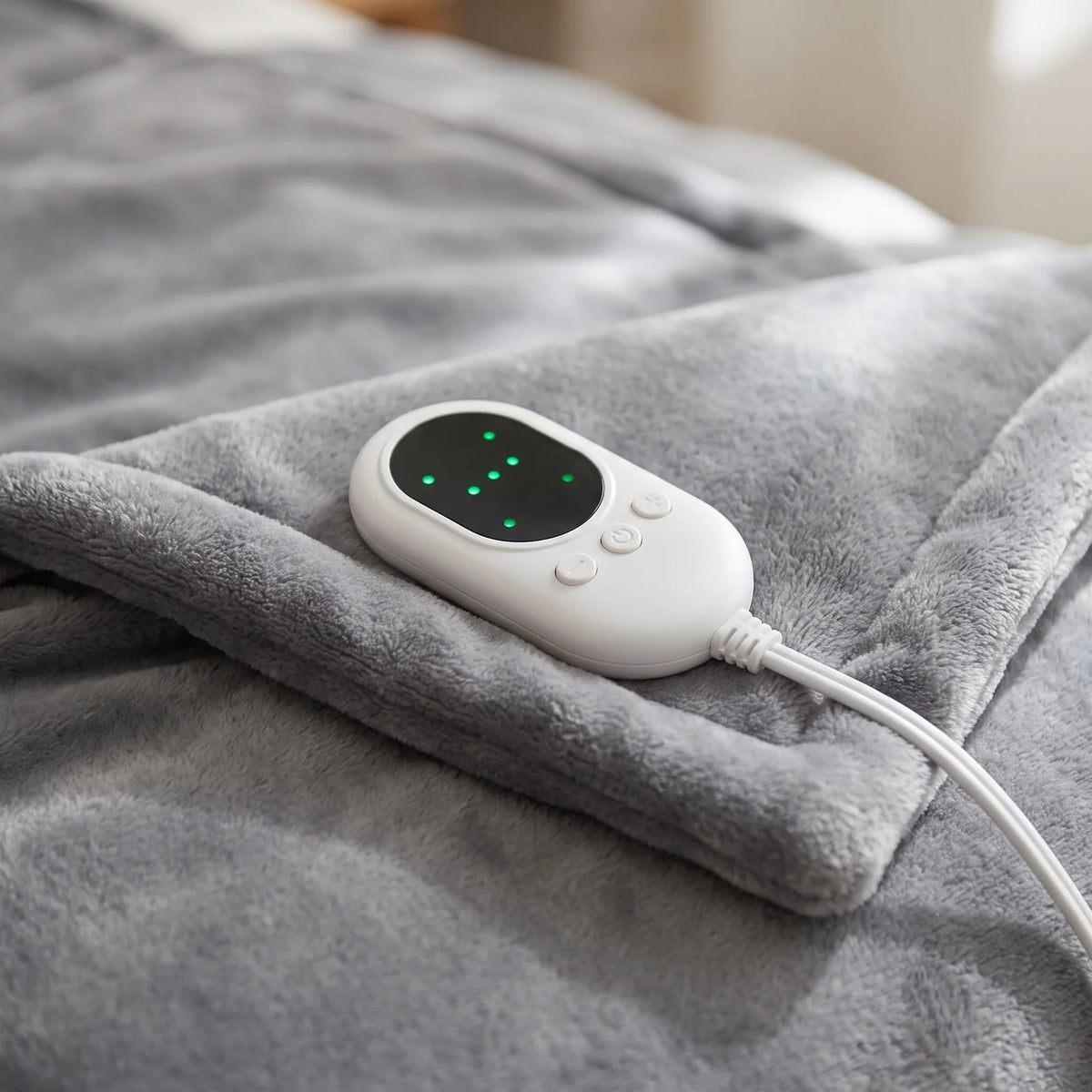 White hand controller with display and buttons on the soft gray velvet