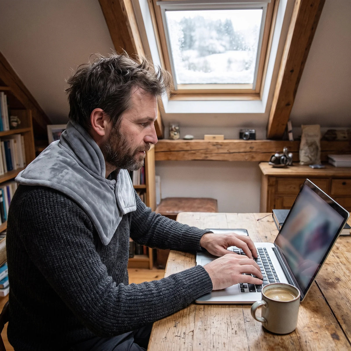 Man with the heated wrap over his shoulders working on a laptop in a chilly attic room