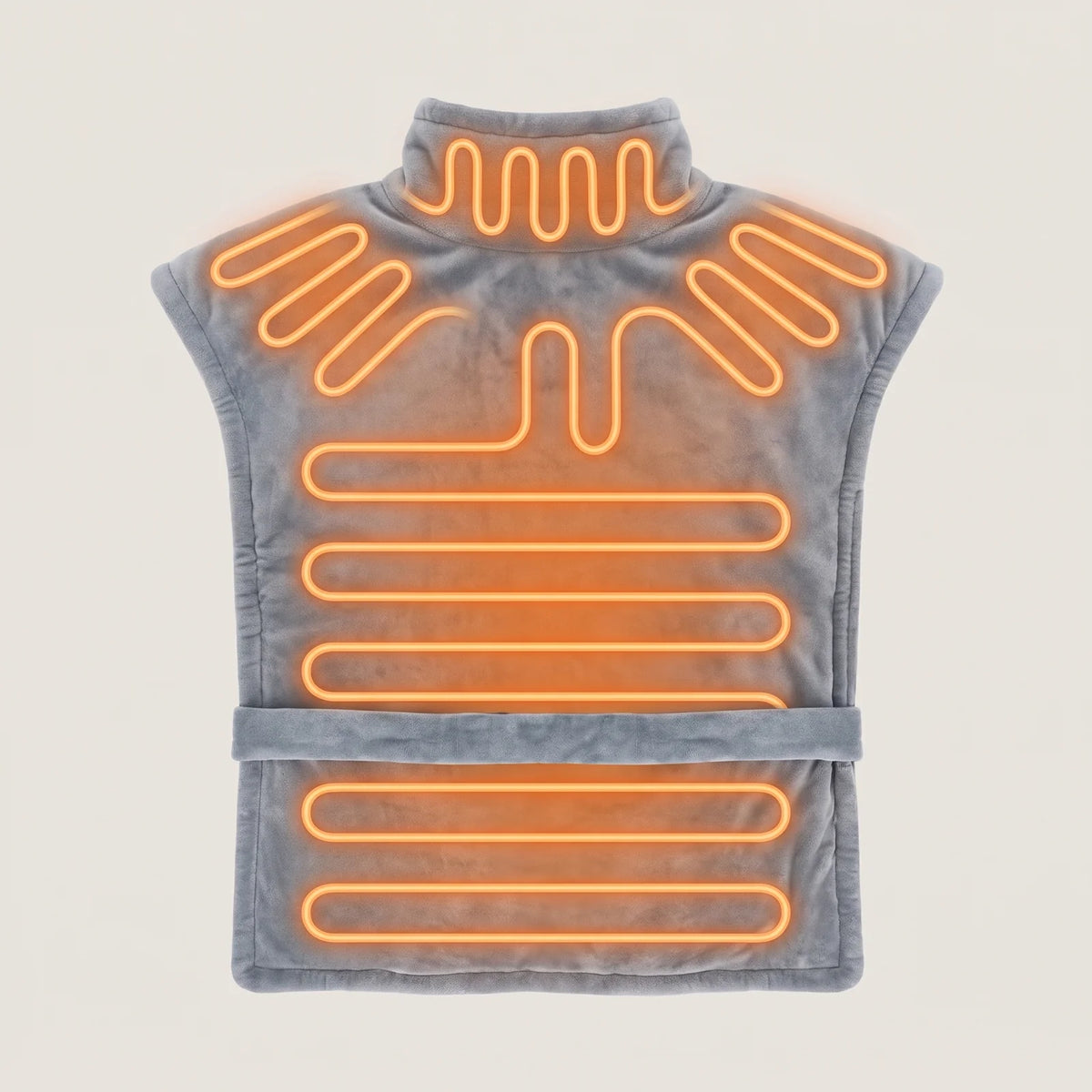 Heated wrap with glowing heating wire in the collar, shoulder panels and back panel