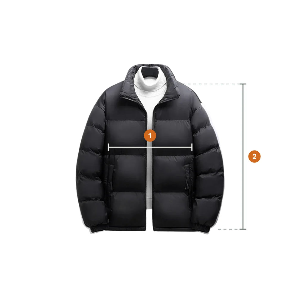Jacket laid flat with two measuring lines: 1 chest, 2 length