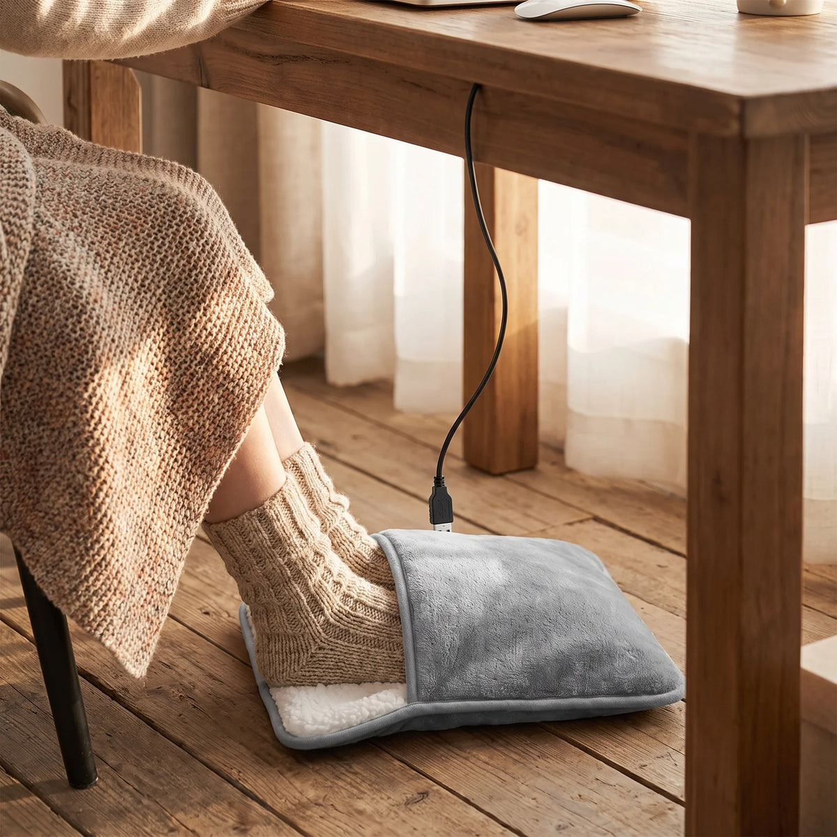 Feet in wool socks inside the foot warmer under a desk, USB cable leading up