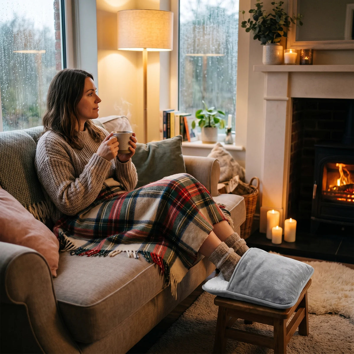 Woman with tea on the sofa, feet in the foot warmer on a stool