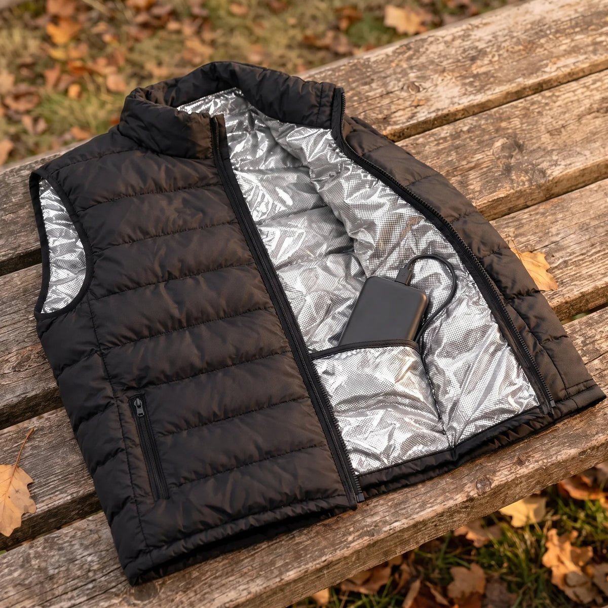 10,000 mAh power bank in the inside pocket of a heated vest