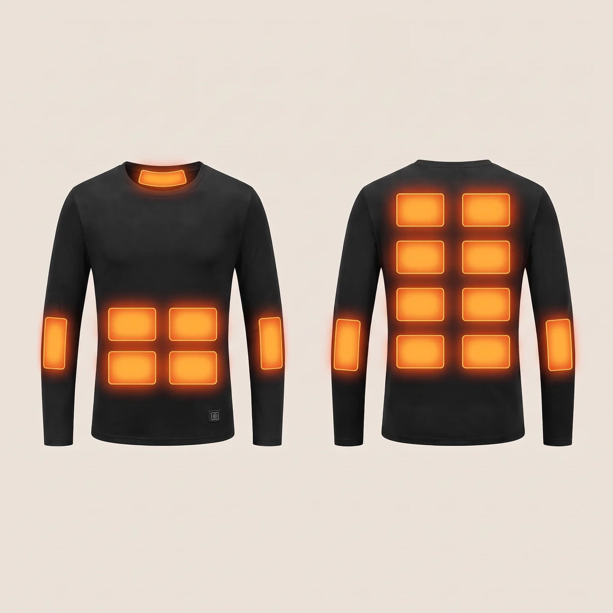 Layer front and back with glowing heating panels at neck, belly, forearms and back