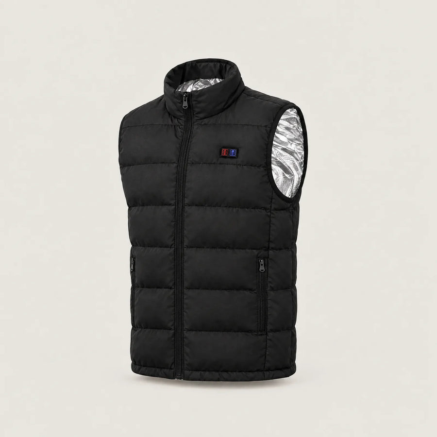BergHeat Ridge in black, heated vest cut out, three-quarter front view