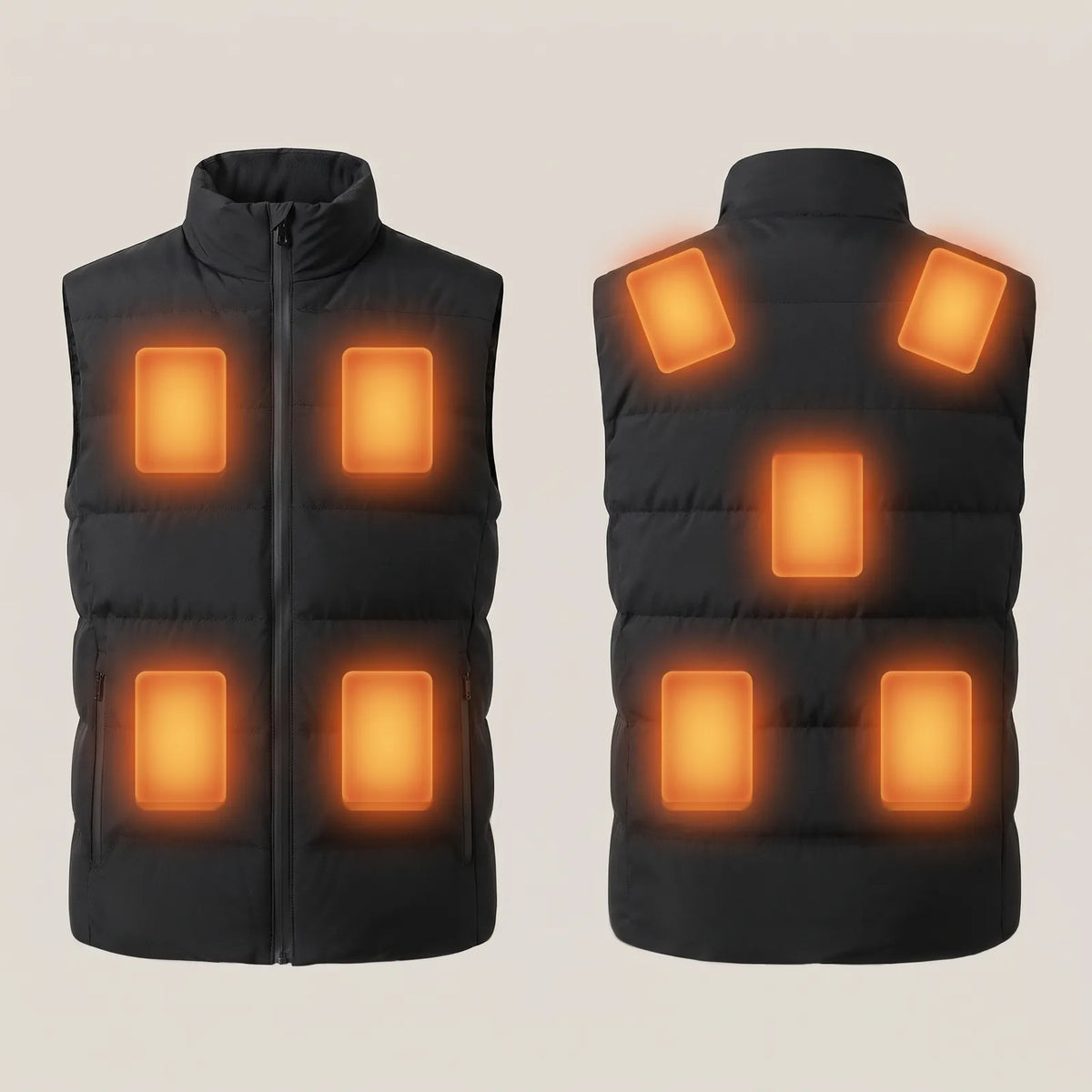 Heated vest 2.0 front and back: 4 heating zones on chest and belly, 5 on the back